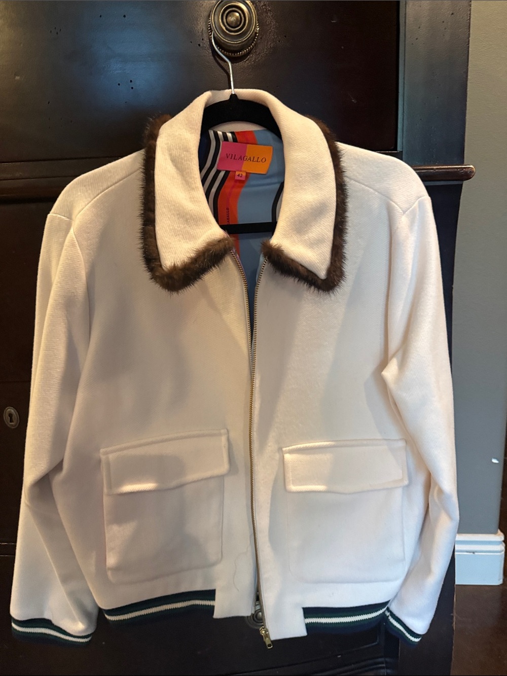 Vilagallo Cream Bomber Jacket with Brown Fur-Trim Collar